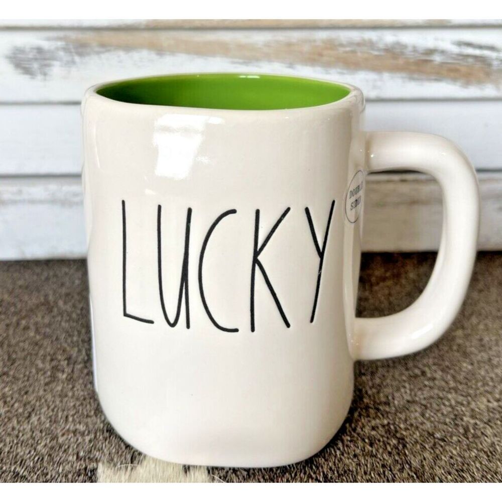 Rae Dunn Double Sided Lucky SHAMROCK 4-LEAF CLOVER LUCKY Ceramic Mug -‎ NEW